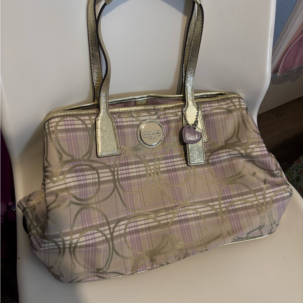 Coach Plaid Kisslock Bag - Lavender and Gold